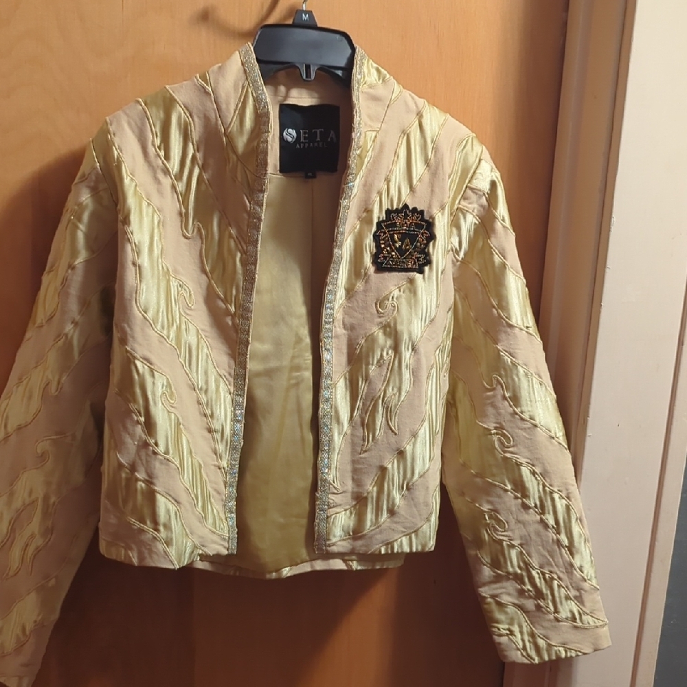 Gold Bomber Jacket with Textured Fabric and Stand-Up Collar